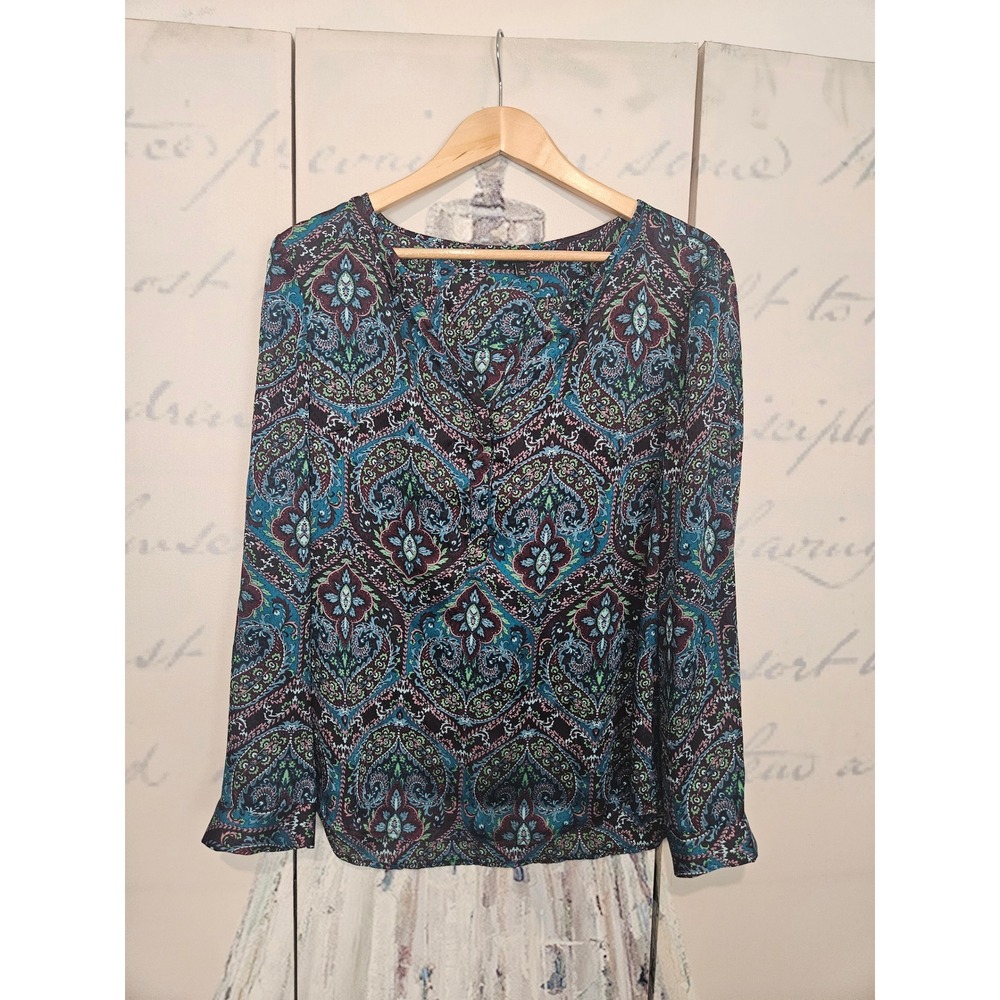Talbots Womens Teal Burgundy Paisley Medallion Split V-Neck Blouse Size M